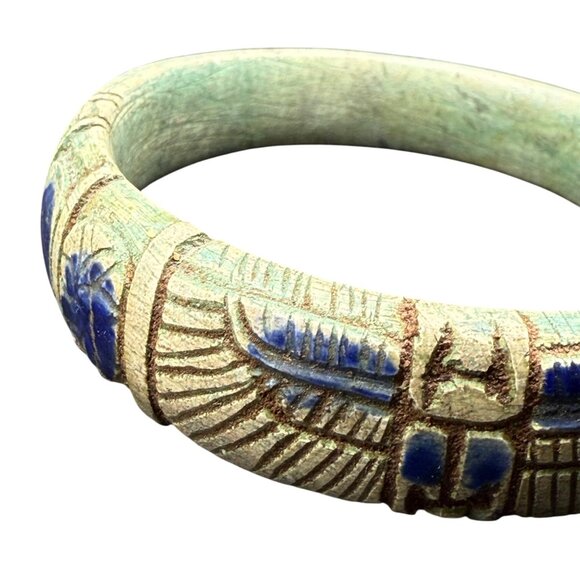 Vintage Egyptian-Style Glazed Faience Carved Bangle Bracelet - Picture 5 of 5